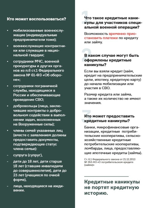 О кредитных каникулах для участников специальной военной операции